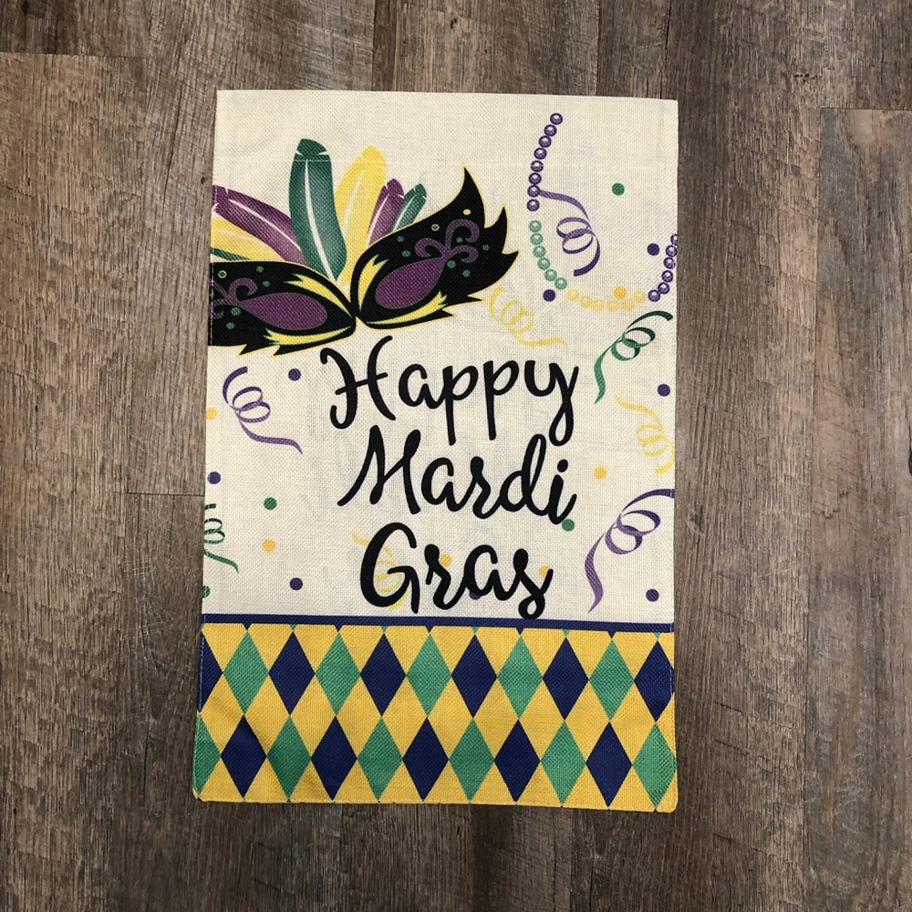 NWT GARDEN FLAG HAPPY MARDI GRAS MASK PARTY